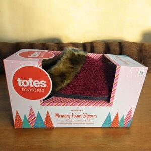Totes Toasties Women' s Memory Foam Slippers XL ( 9/10) Wine Faux Fur NEW IN BOX